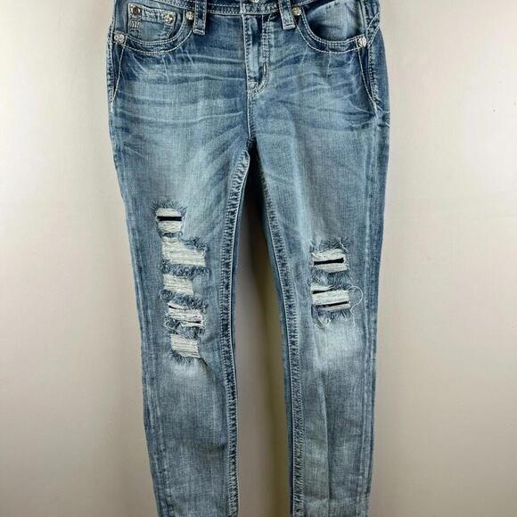 Miss Me Jeans 28 Mid Rise Ankle Skinny Distressed Embroidered Aztec Pockets WMNS - Picture 1 of 8